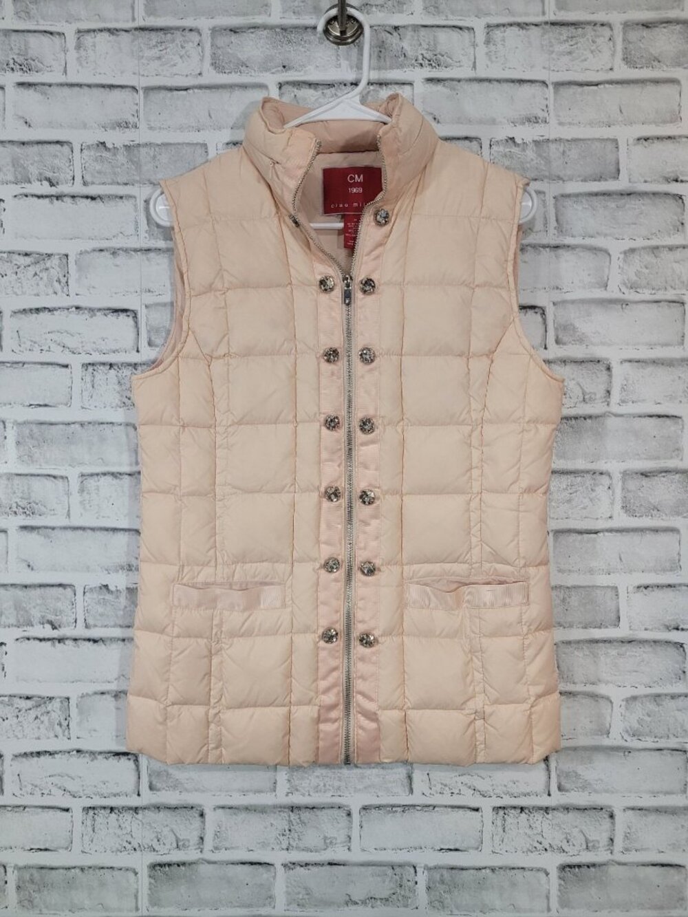 NWOT Ciao Milano 1969 Duck Down Puffer Vest Hood Pink Blush Medium Rhinestones